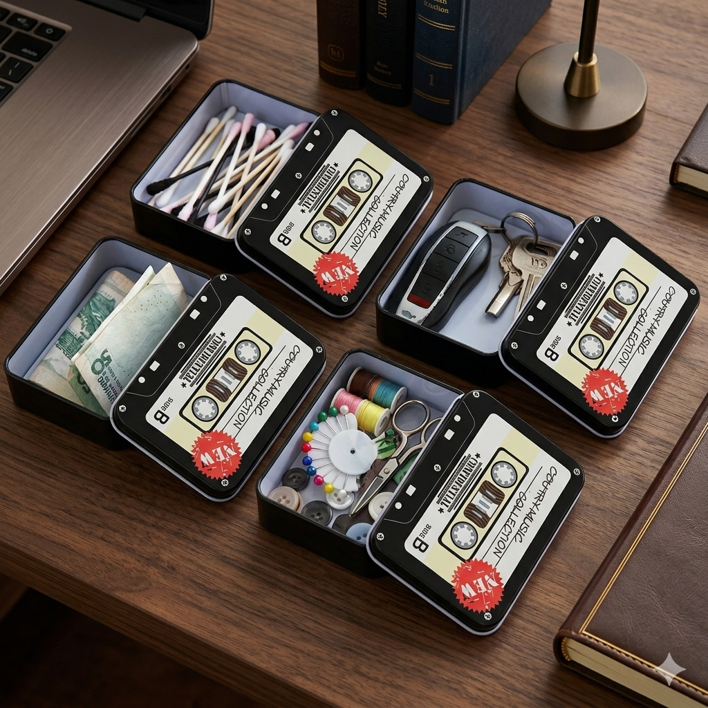 Retro Cassette Tape Metal Storage Tin - Multi-Purpose EDC Pocket Organizer Box for Men